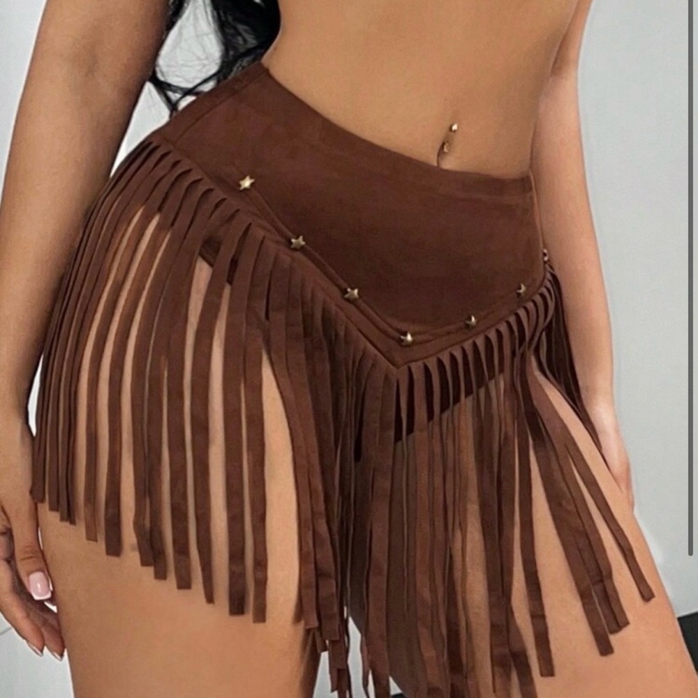 SHEIN Western Fringe Suede High-Waist Brown skirt Shorts festival